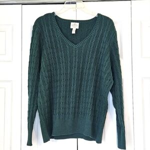 Green Cable Knit V-Neck Sweater